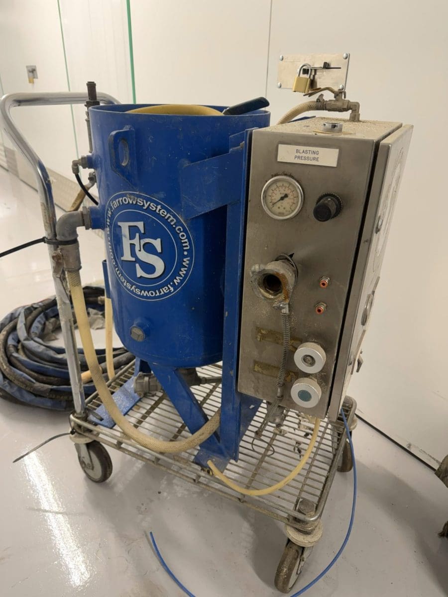 IMG_20260116_095334 4 - Greenleaf Contractors | Sandblasting And Pressure Washing | UK Farrow System FS wet blasting machine with pressure gauges on wheeled cart