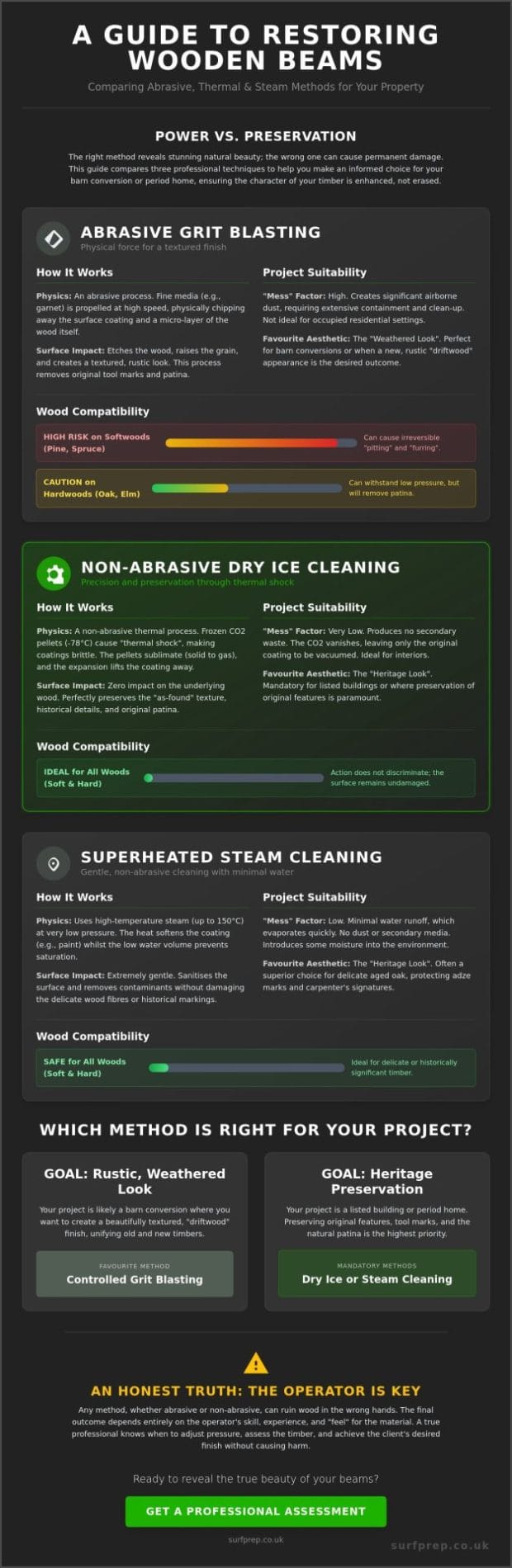 Grit Blasting vs Steam Cleaning for Wooden Beams: A Restoration Guide